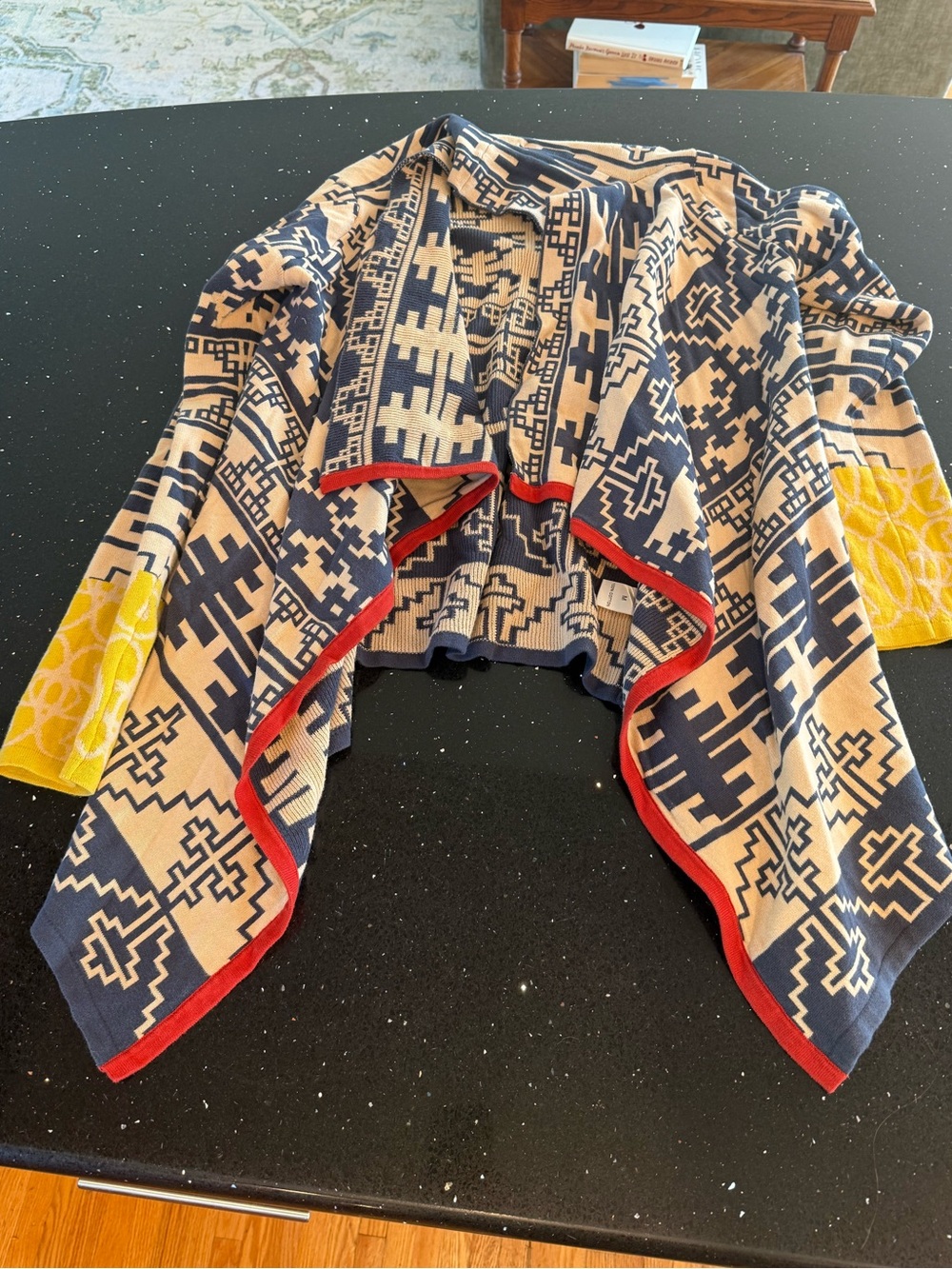 Navy & Cream Geometric THML Open-Front Jacket with Yellow Accents